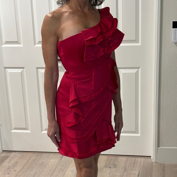 BCBGMaxAzria "Jonesy" One-shoulder Ruffled Mini Dress - Ruby Red Size 0 - Picture 4 of 17